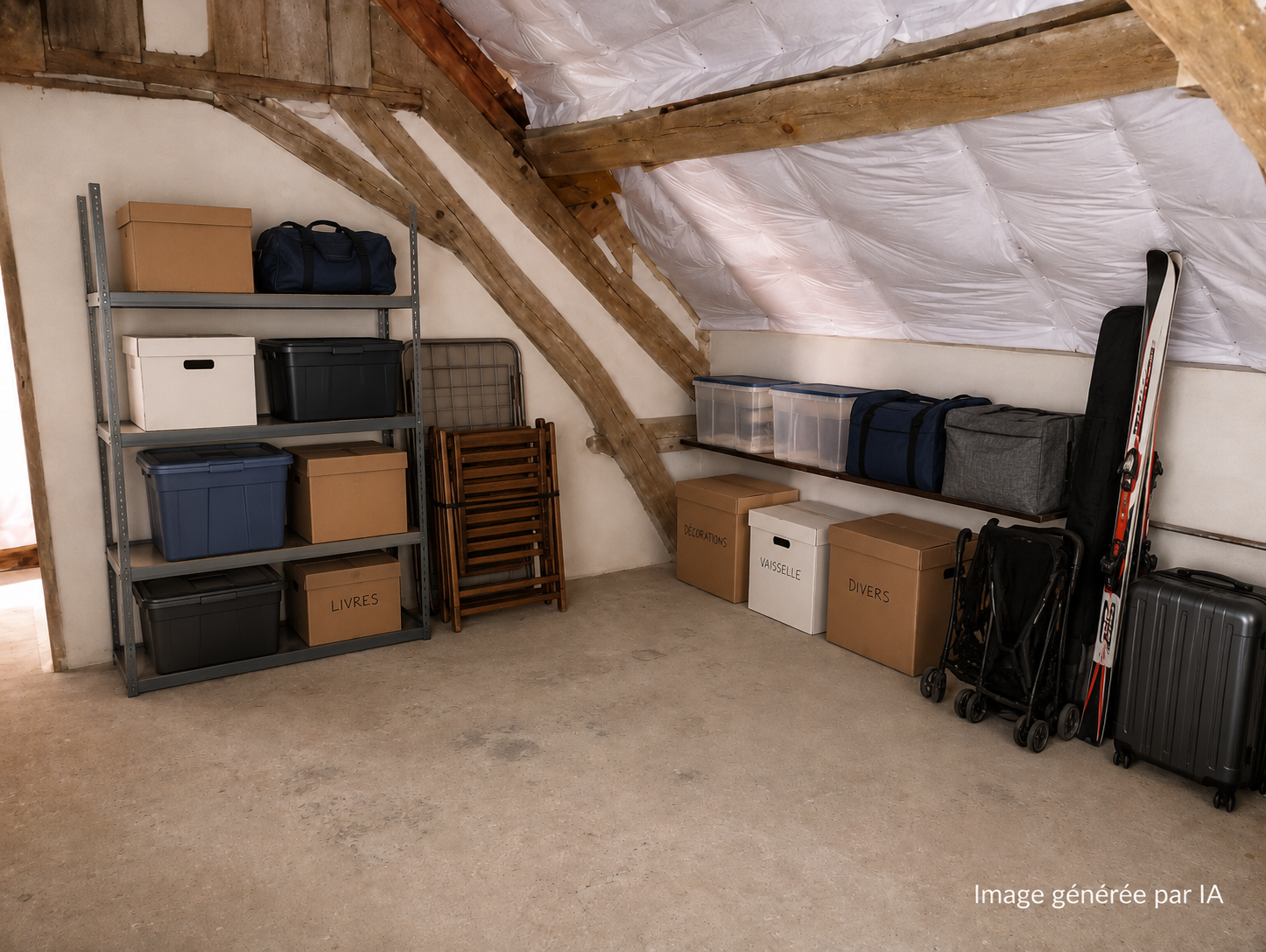 Grenier comble isolé stockage meubles objets